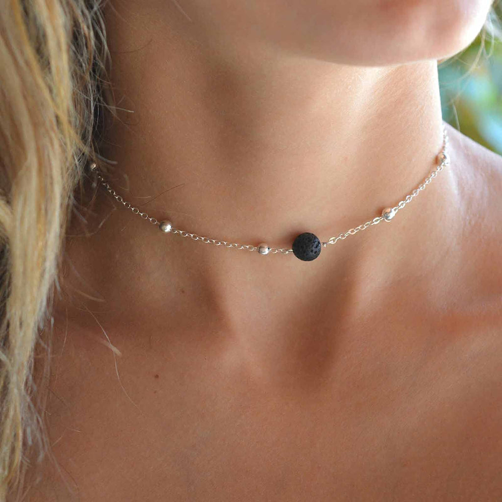 [Australia] - Yheakne Boho Lava Stone Choker Necklace Silver Beaded Choker Minimalist Chain Necklace Jewelry for Women and Girls 