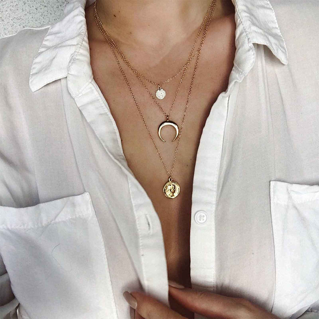 [Australia] - Yheakne Boho Layered Coin Disc Necklace Gold Medallion Crescent Pendant Necklace Multi Layered Chain Necklace Jewelry for Women and Girls (Gold D) Gold D 