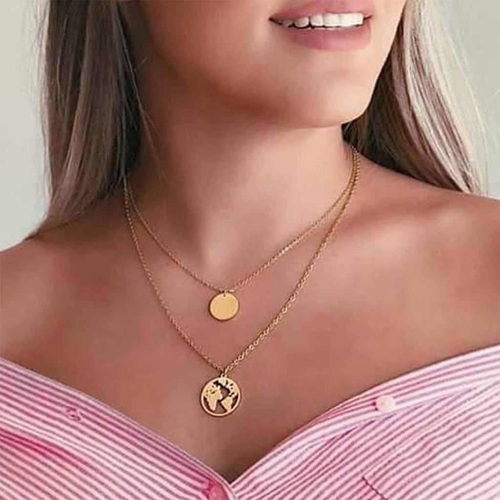 [Australia] - Yheakne Boho Layered Coin Map Necklace Gold Disc Pendant Necklace Chain Vintage Double Layer Necklace Jewelry for Women and Girls (Gold with map) Gold with map 
