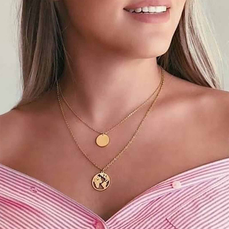 [Australia] - Yheakne Boho Layered Coin Map Necklace Gold Disc Pendant Necklace Chain Vintage Double Layer Necklace Jewelry for Women and Girls (Gold with map) Gold with map 