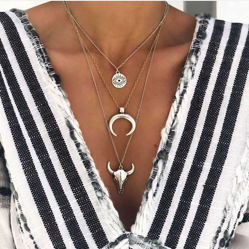 [Australia] - Yheakne Boho Layered Moon Necklace Silver Compass Disc Pendant Necklace Chain Cow Evil Eye Charm Necklace Jewelry for Women and Girls 