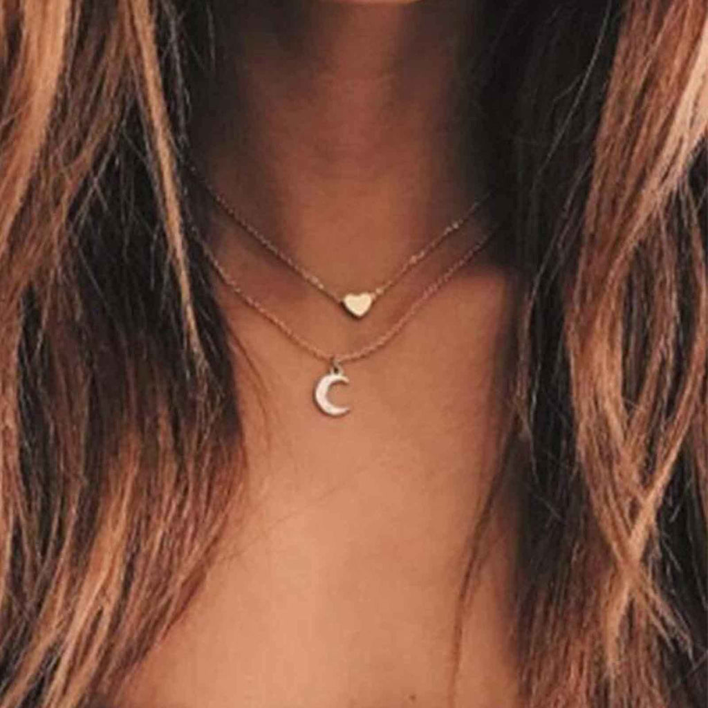 [Australia] - Yheakne Boho Layered Moon Heart Necklace Gold CZ Moon Pendant Necklace Chain Celestial Crescent Necklace Jewelry for Women and Girls 