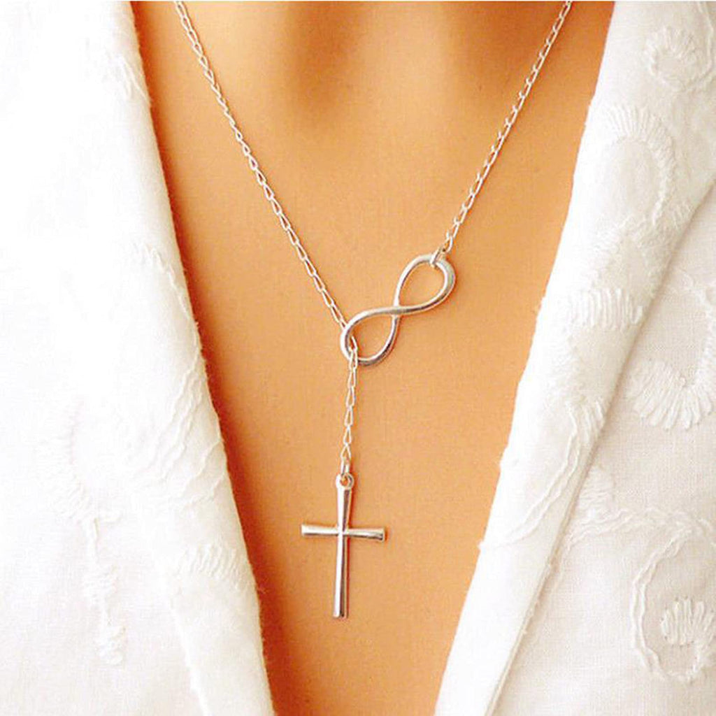 [Australia] - Yheakne Boho Cross Infinity Necklace Silver Y Lariat Necklace Chain Vintage Pendant Necklace Jewelry for Women and Girls 