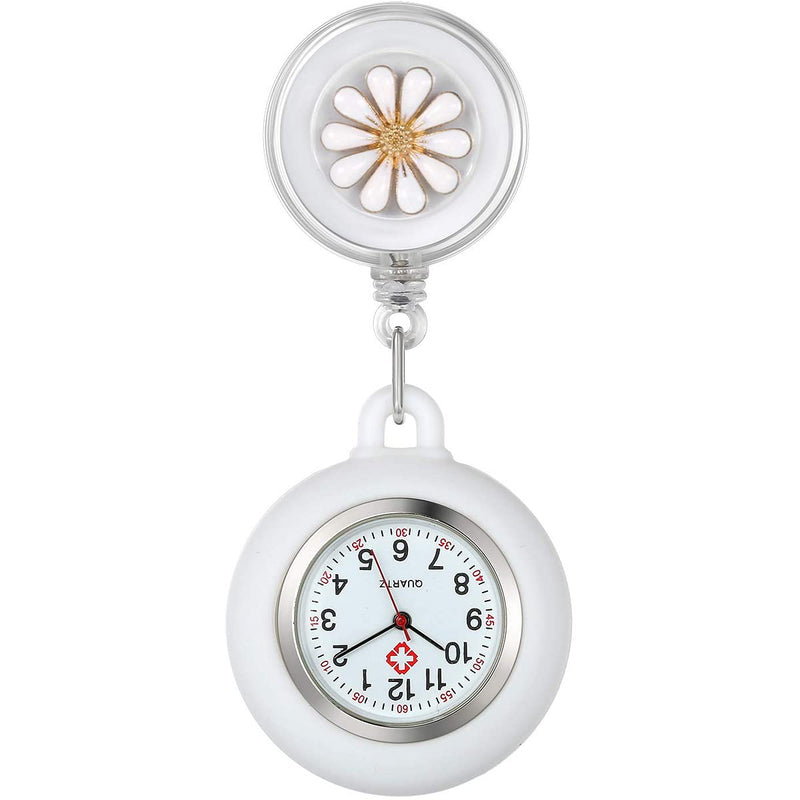 [Australia] - Retractable Nurse Fob Watch, Luminous Clip-on Hanging Lapel Pocket Watches with Cute Flower Pattern, Pointer Glow in Dark for Nurses Doctors Paramedics White 