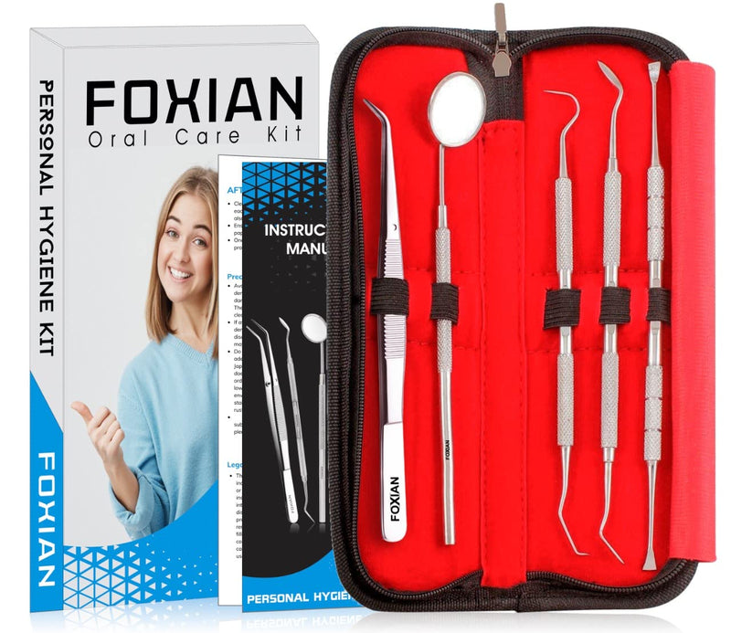 [Australia] - FOXIAN Professional 5 Pcs Oral Plaque Remover for Teeth Stainless Steel Tooth Picks Tartar Cleaner for Teeth Whitening & Oral Care Kit for Men Women Pets in Leather Pouch (5 Pcs) 