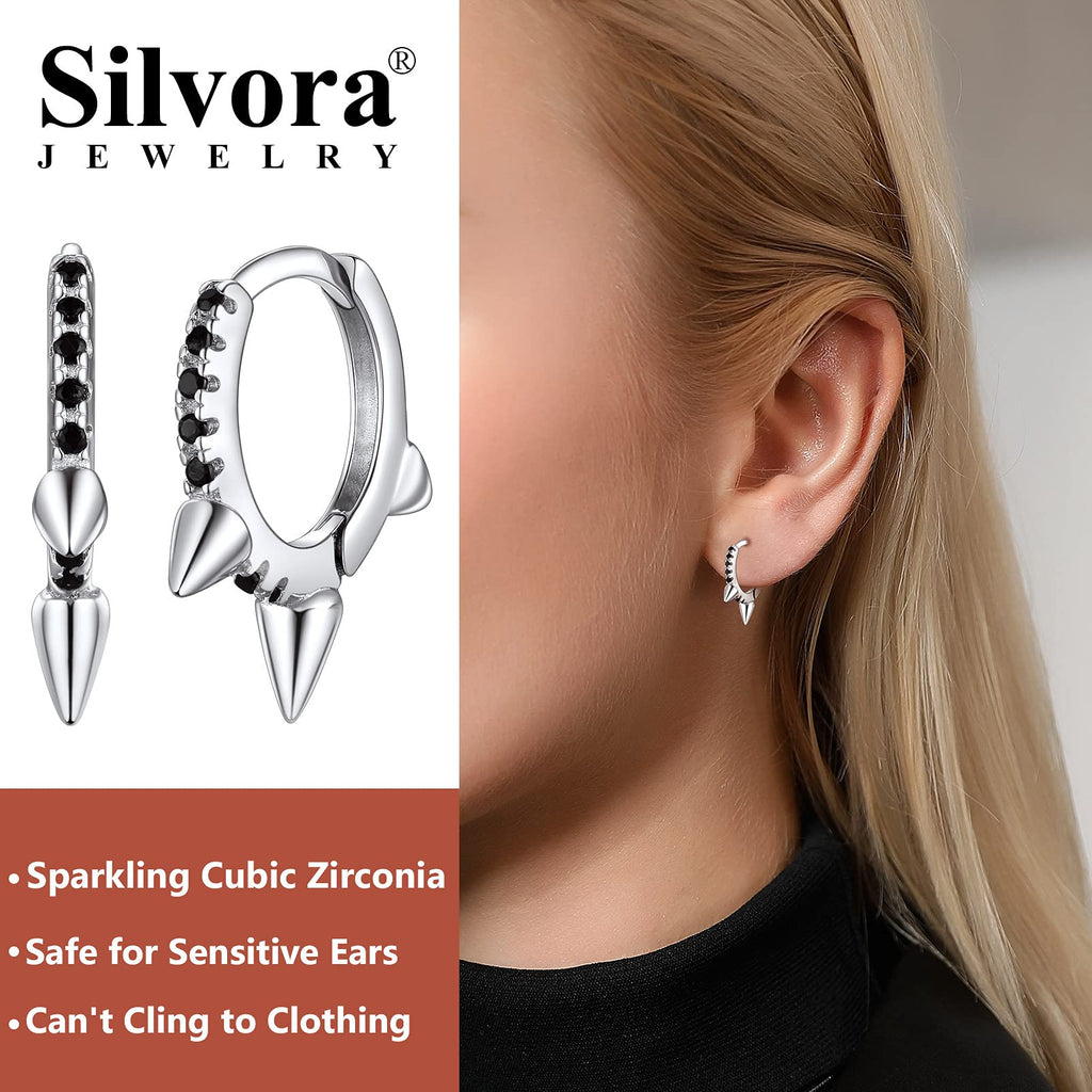 [Australia] - Silvora Sterling Silver Hoop Earrings for Women, Tiny Huggie Hoops Dangling Ear Jewelry with Delicate Gift Packaging Hoop-punk Black 