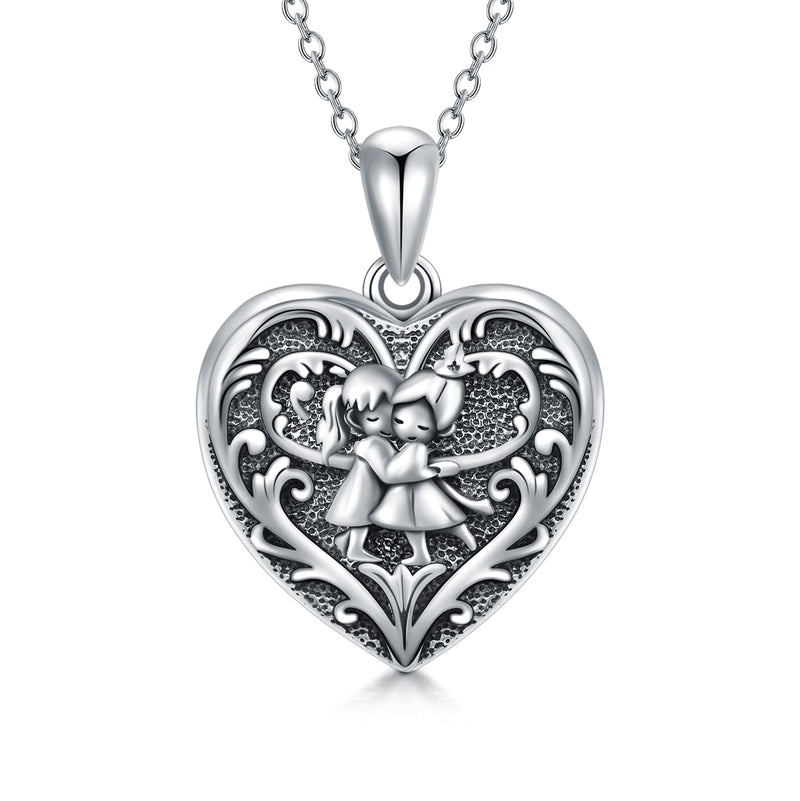 [Australia] - SOULMEET 925 Sterling Silver Hugging Sisters Heart Shaped Locket Necklace That Holds Picture Photos for Women Girls 