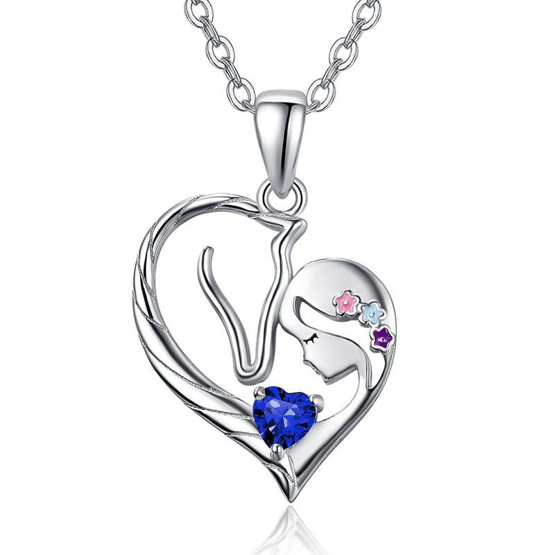 [Australia] - Horse Pendant Necklace Jewelry 925 Sterling Silver Girls and Horse Ponny Heart Unicorn Jewellery Gift for Women Girls 09 September - Sapphire 