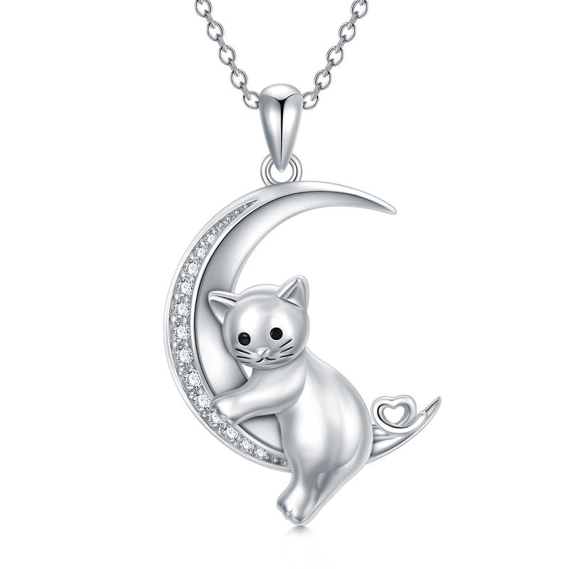 [Australia] - SOULMEET 925 Sterling Silver Cat Necklace Crescent Moon Kitten Pendant Jewelry Gift for Women Girls 