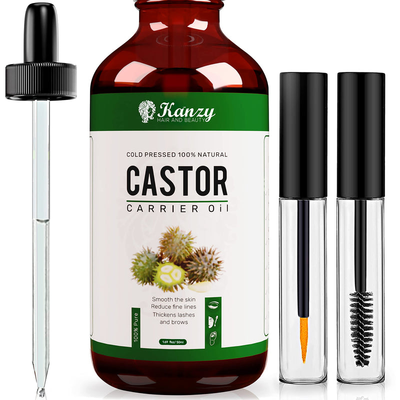 [Australia] - Kanzy Organic Castor Oil for Eyelashes and Eyebrows 50ml Cold Pressed Castor Oil for Hair Growth 100% Natural and Pure Castor Oil with Brushes For Hair, Beard, Nails and Skin 50 ml 