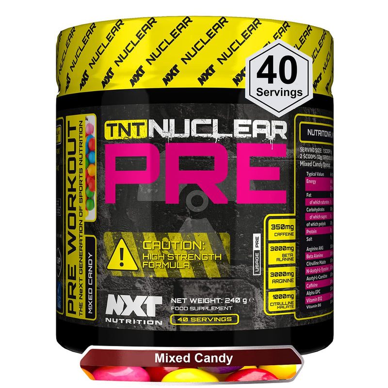 [Australia] - NXT Nutrition TNT Nuclear Pre Workout – Pre Work out Energy Drink with L-Citrulline, Beta Alanine, Arginine , 350mg Caffeine for Insane Energy, Pump, Endurance & Focus - 40 servings Mixed Candy, Vegan 