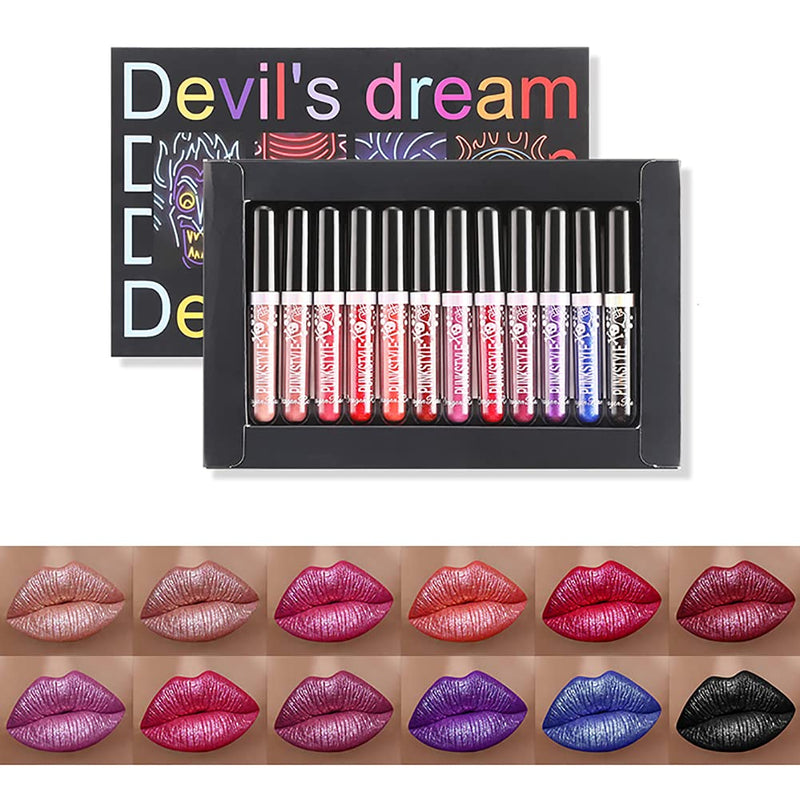 [Australia] - 12 Colors Glitter Lipstick Set Shimmer Lip Gloss Kit Diamond Shining Liquid Lipstick for Party, Masquerade, Cosplay, Halloween Makeup (A) A 