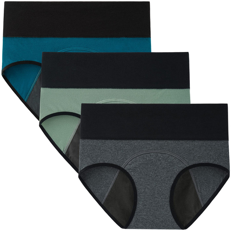 [Australia] - INNERSY Period Pants Heavy Flow Cotton Menstrual Underwear High Waist Pack of 3 (Must Wear with Pad or Tampon) 12 Blue/Green/Marl Grey 