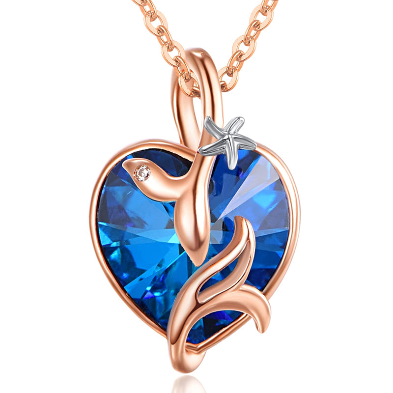 [Australia] - KINGWHYTE Blue Heart Necklace Sterling Silver Crystal Pendant Mermaid Tail Starfish Ladies Necklace Anniversary Birthday Mother's Day Jewellery Gifts for Women Mum Her for Wife 