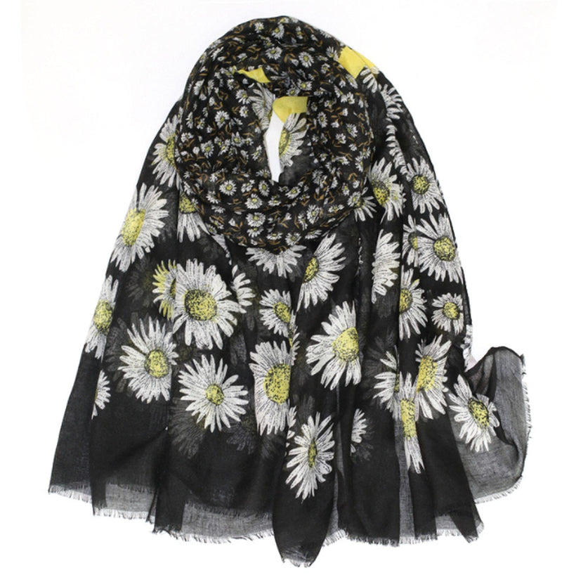 [Australia] - GFM Daisy Floral Print Summer Scarf Black 
