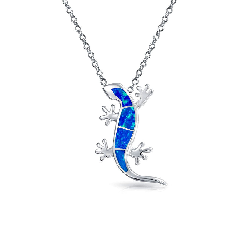 [Australia] - Nautical Tropical Vacation Beach Green Blue Created Opal Gecko Lizard Pendant Necklace for Women Teen .925 Sterling Silver 