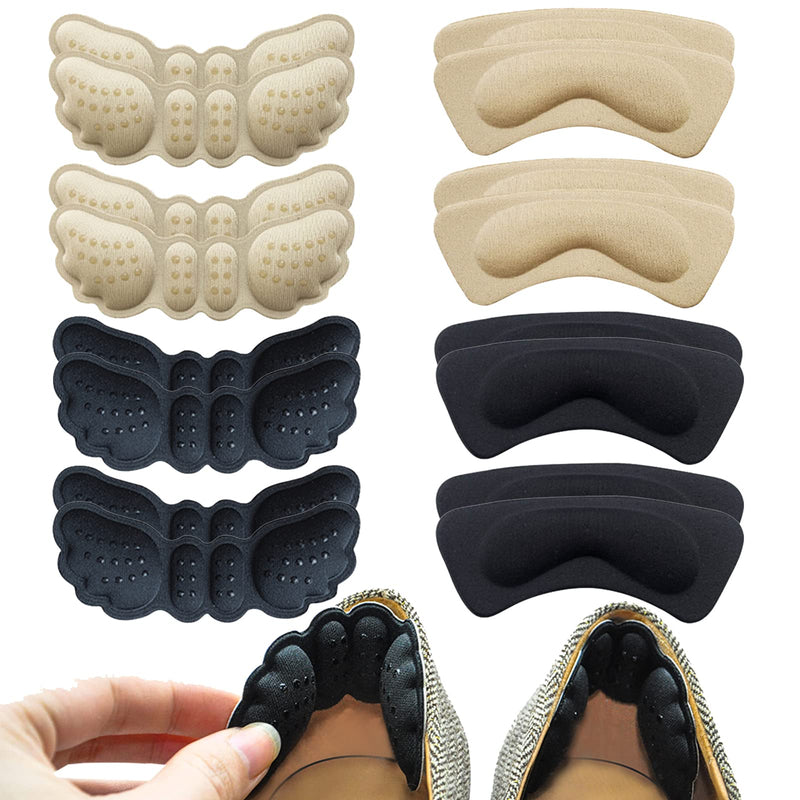 [Australia] - 8 Pair Heel Grips for Ladies Shoes, Thickened High Heel Inserts Cushion Pads Slip-Resistant Wings Padded Heel (Black/Khaki) 