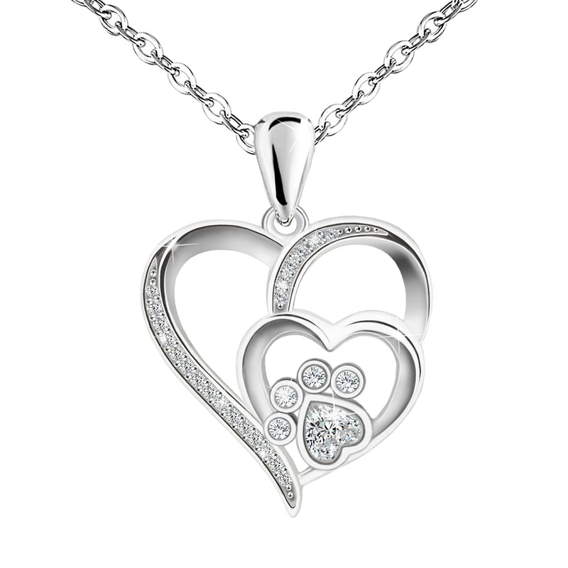 [Australia] - Paw Necklace for Women - Sterlings Silver Cubic Zirconia Dog Cat Pet Paw Print Love Heart Pendant Necklace Adjustable Charm Necklace 