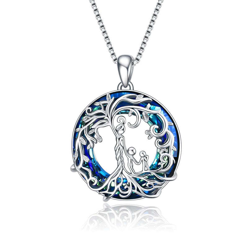 [Australia] - TOUPOP Jewellery Gifts for Mum Sterling Silver Family Tree of Life Necklace with Crystal Jewellery Gifts for Girls Daughter Sister Birthday B-Mum & two kids-Blue crystal 