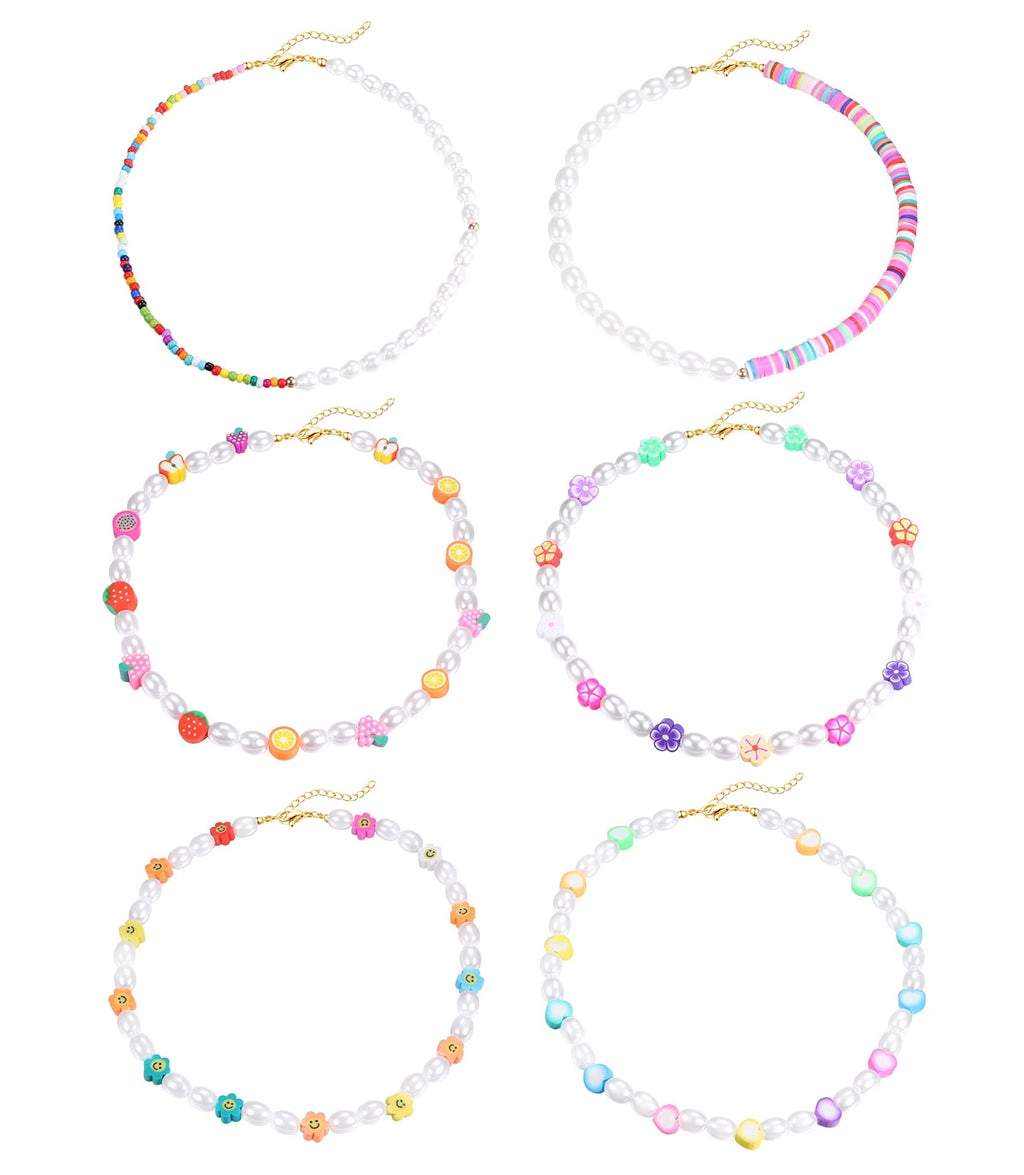 [Australia] - CASSIECA 6 Pcs Boho Pearl Bead Necklace Y2k Beaded Choker Necklace Colorful Evil Eye Flower Necklaces Set Y2k Jewelry Accessories for Women and Girls Style: A:Cute Style 