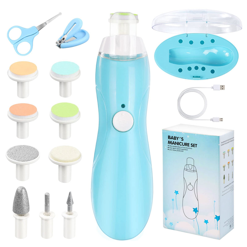 [Australia] - Vicloon Baby Nail File, 11 in 1 Electric Nail Trimmer Clippers Manicure Set LED Light Whisper Quiet Design, Baby Nail Trimmer Clippers Kit with 9 Grinding Heads &1 Nail Cutter for Newborn or Women blue 