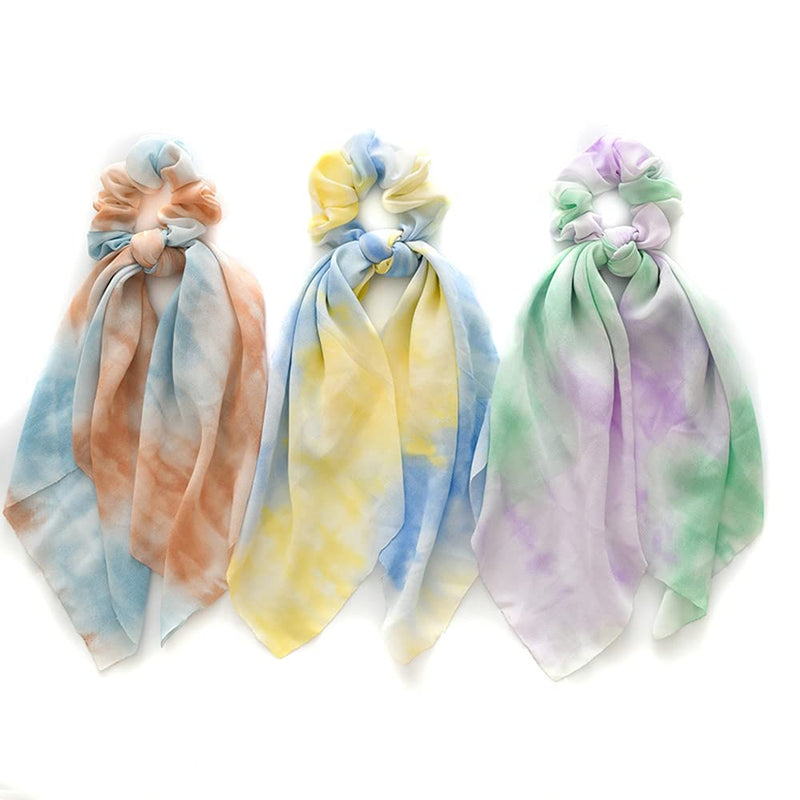 [Australia] - 3Pcs Scarf Scrunchies Chiffon Hair Scarves Elastic Dyeing Bowknot Hair Ropes Vintage Dyeing Hair Ties Hair Accessories for Women And Girls 