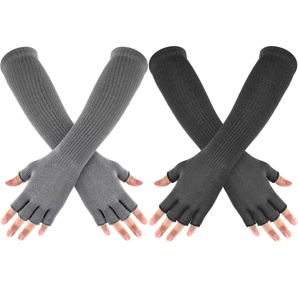 [Australia] - 2 Pairs Winter Fingerless Mitten Long thermal Knitted Mittens Stretchy Knit Colored Mittens for Men Women, 11 Inch (Light Gray, Dark Gray) 