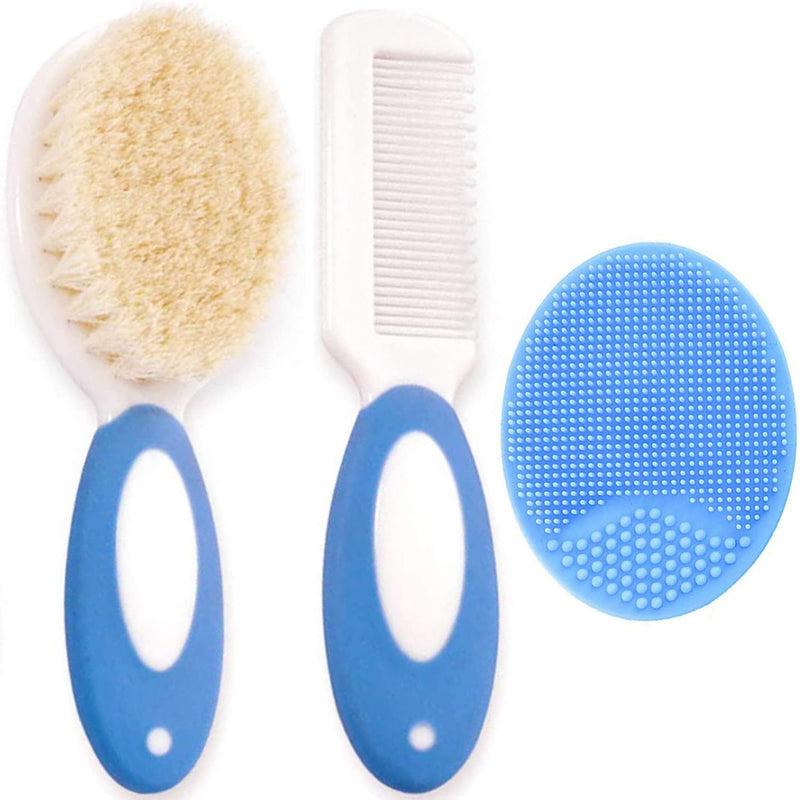 [Australia] - Baby Hair Brush and Comb Set for Newborns & Toddlers | Natural Soft Goat Bristles | with Silicone Cradle Cap Brush | Ideal for Cradle Cap | Perfect Baby Registry Gift (Blue) Blue 