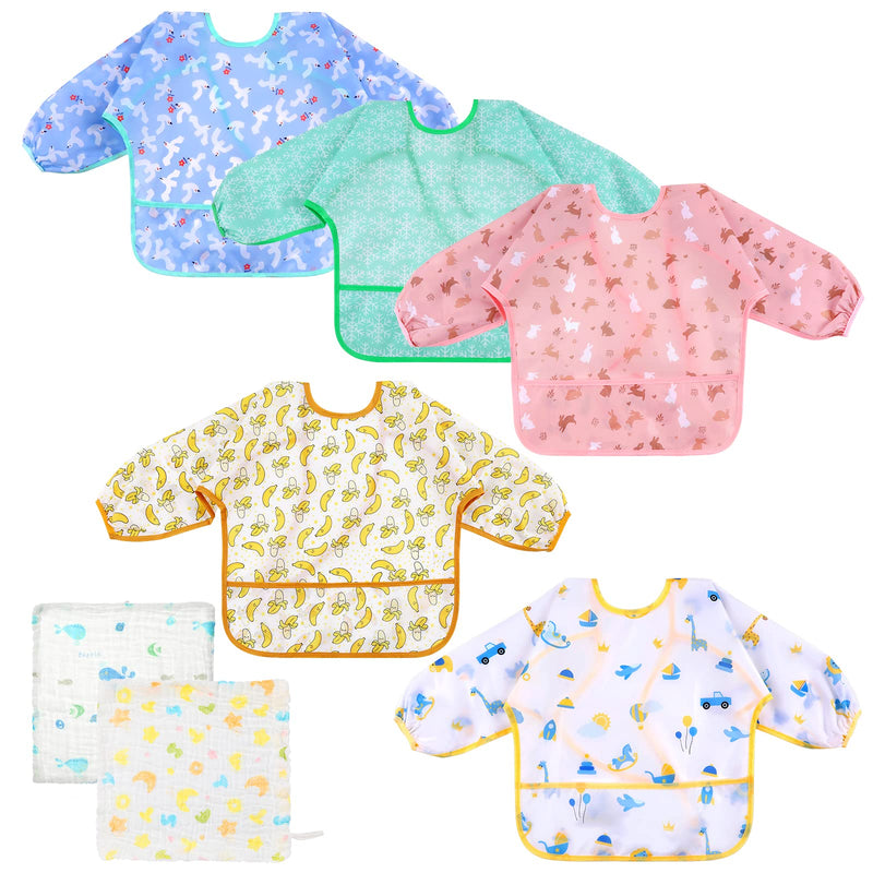 [Australia] - Lictin Baby Feeding Bibs with Sleeves - 5pcs Feeding Bibs Apron Waterproof, Baby Bibs with Long Sleeves, Weaning Bibs for Unisex Toddler (0-2 Years) 