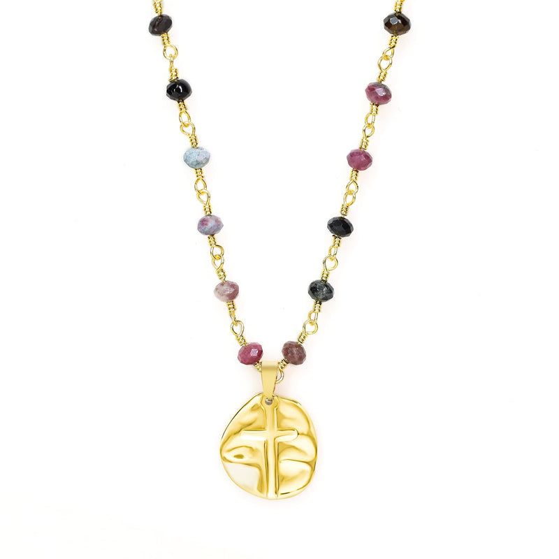 [Australia] - coai Womens Religious Jewelry Cross Pendant Stone Beaded Necklace Tourmaline 