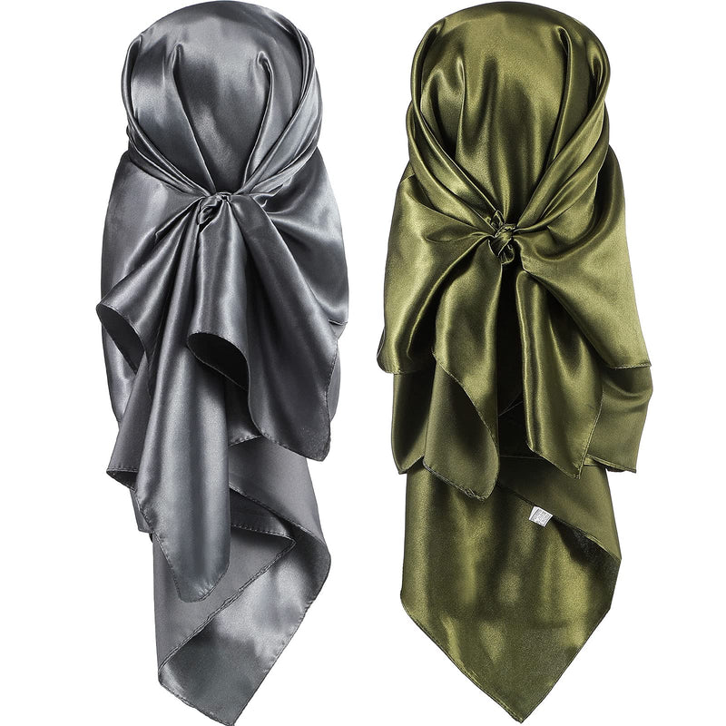 [Australia] - 2Pcs 35'' Silk Head Scarf Sleeping Hair Wrapping Night Satin Scarf (Dark grey, Olive) 