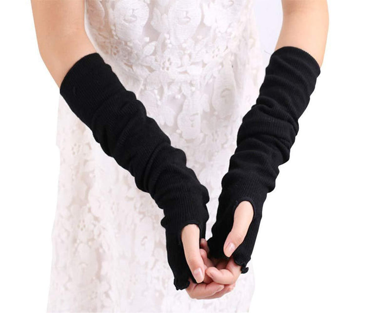 [Australia] - Women Long Stretch Fingerless Gloves Knitted Thumbhole Arm Warmmer Oversleeve Arm Sleeve(Lotus Leaf Edge Style) Black 