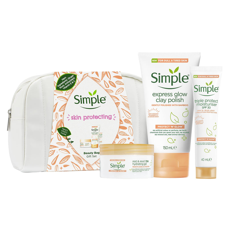 [Australia] - Simple Skin Protect & Glow Beauty Bag with Skin Care Triple Protect Moisturer SPF30 & large Beauty Wash Bag Gift Set Festive gifts for Women 3 piece 