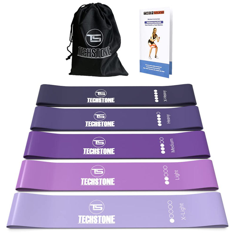 [Australia] - TechStone Resistance Bands Set for Men and Women, Pack of 5 Different Resistance Levels Elastic Band for Home Gym Long Exercise Workout – Great Fitness Equipment for Training, Yoga – Free Carrying Bag Purple 