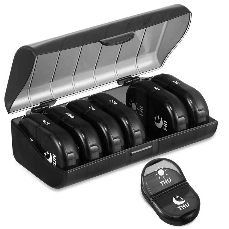 [Australia] - Fullicon Pill Box Organiser 2 Times A Day, Portable 7 Day Pill Boxes, Tablet Organiser with Large Compartments for Medicine, Medication, Vitamin, Supplement and Fish Oil Supplements (Black) B - Black 