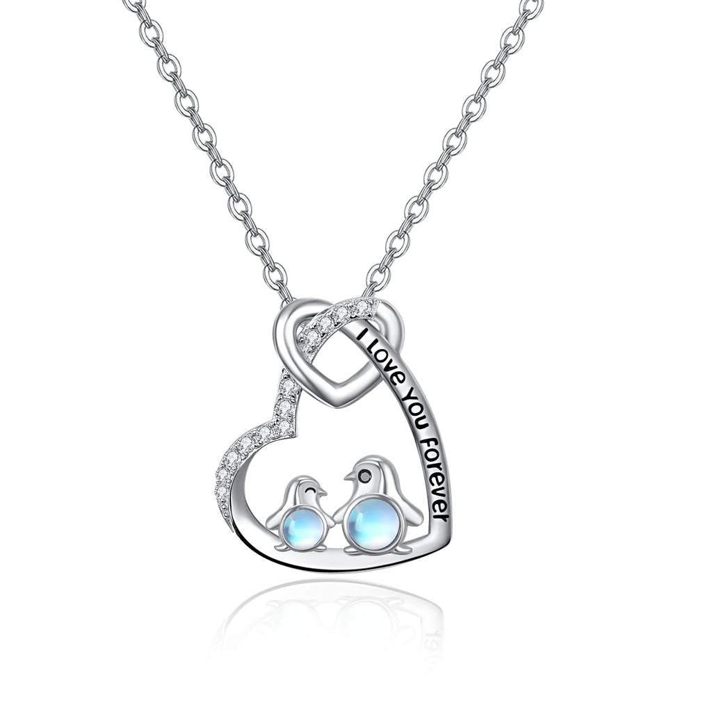 [Australia] - Penguin Necklace for Women Girls 925 Sterling Silver Cute Animal Heart Moonstone Pendant Family Penguin Jewellery Gifts for Women Mum Daughter A-Peiguin Necklace 