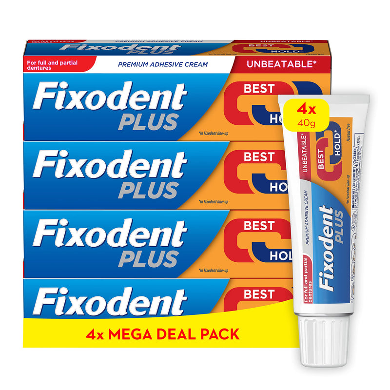 [Australia] - Fixodent Plus Denture Adhesive Cream, 40g x 4, Best Hold, Premium, Up to 88% of The Hold at The End of The Day 