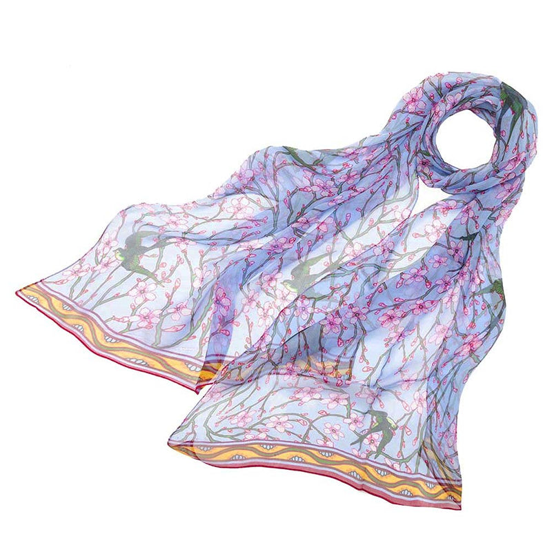 [Australia] - Signare Woment's 100% Silk Lightweight and soft Scarf/Headwear Almond Blossom and Swallow 