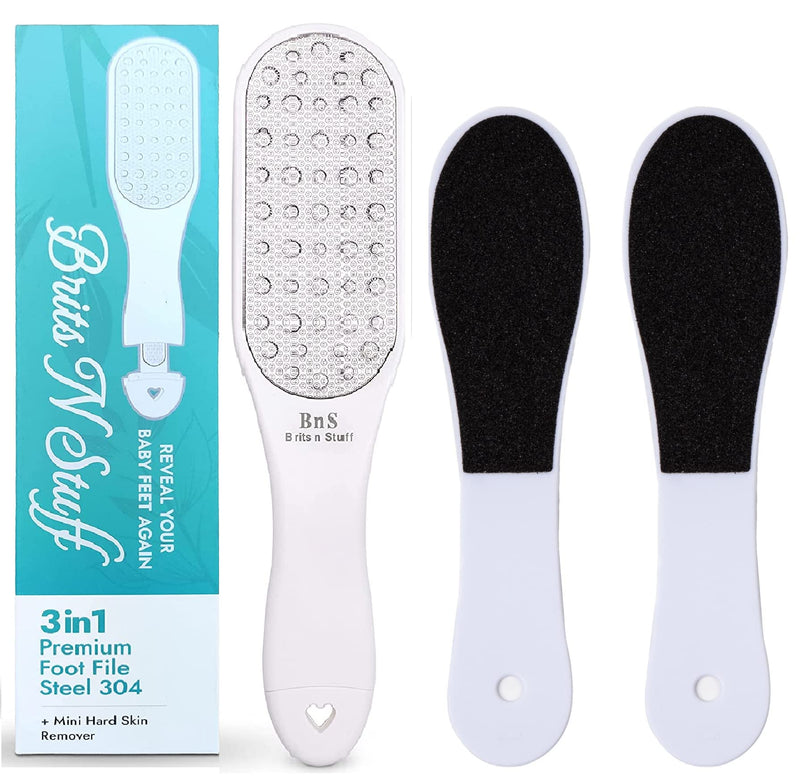 [Australia] - 3-in-1 Pedicure Foot File for Hard Skin Professional - Anti-Rust Steel Callus Remover for Cracked Heels - Easy to Utilize & Anti-Skid Design - Feet Care Tool for Wet & Dry Use- BRITS N STUFF 