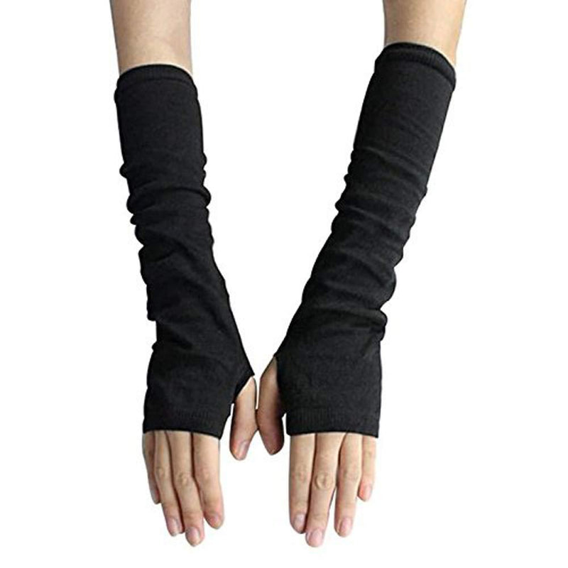 [Australia] - Women Long Fingerless Gloves Knit Arm Warmer Thumb Hole Stretchy Gloves Black 