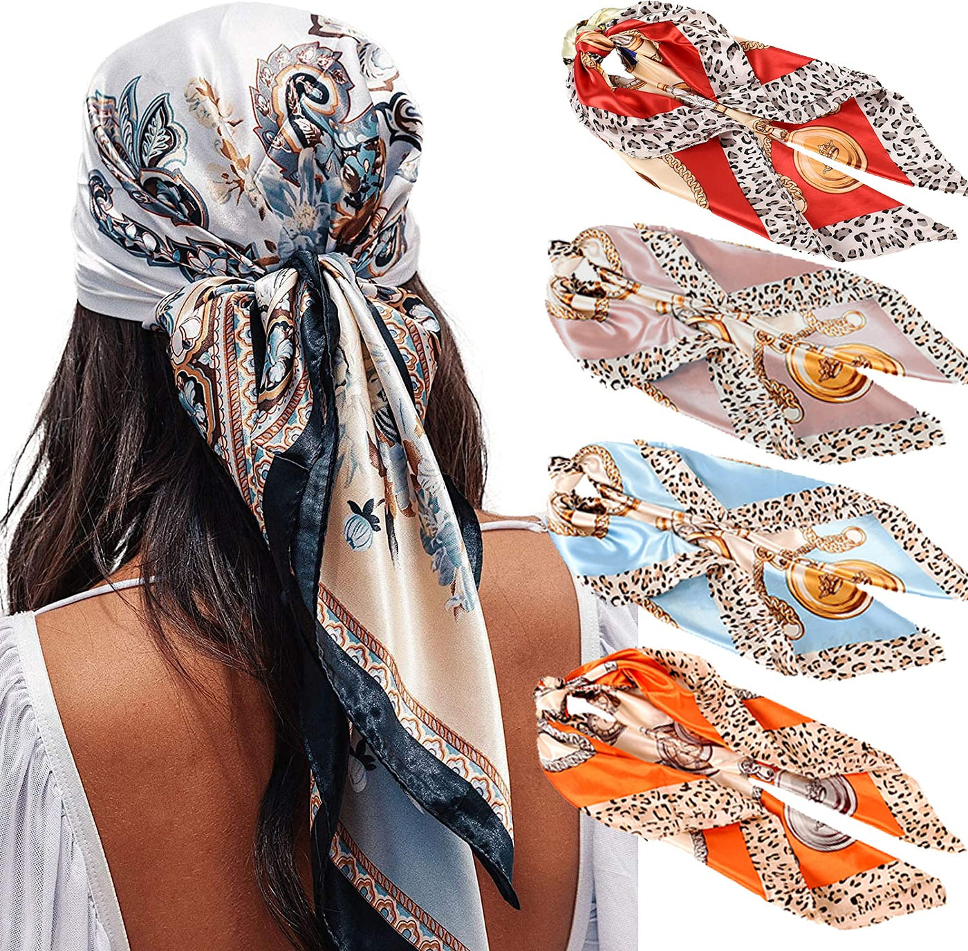 Head Scarf for Women - Satin Large Hair Scarves Bandanas - Square Silk Hair  Wrap for Sleeping with - White