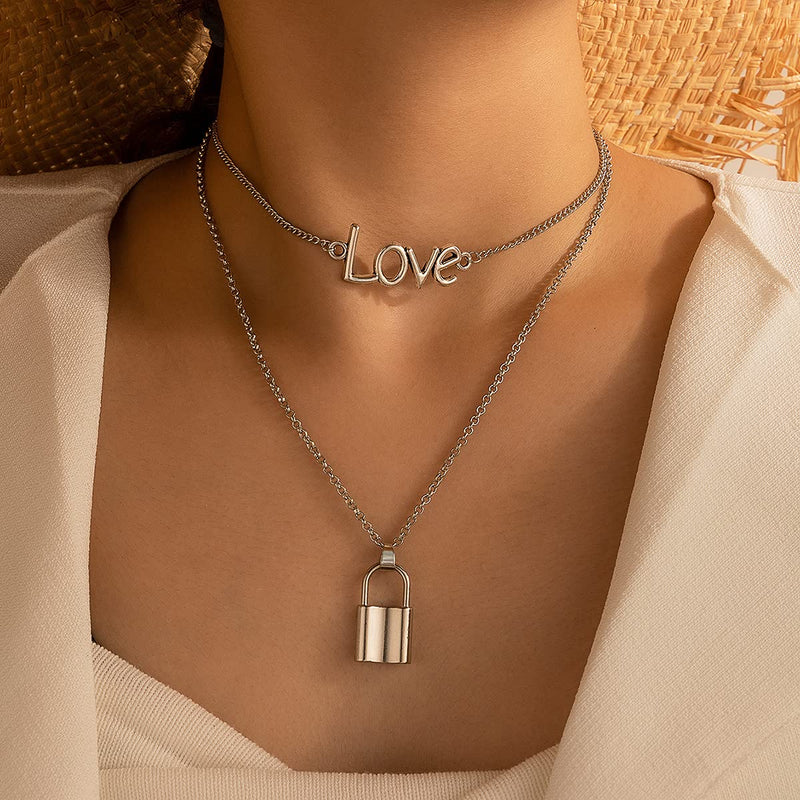 [Australia] - Sttiafay Gothic Letter Love Necklace Personality Layered Silver Lock Pendant Necklace Lattice Chain Choker Jewelry for Women and Teen Girls Second layer lock 