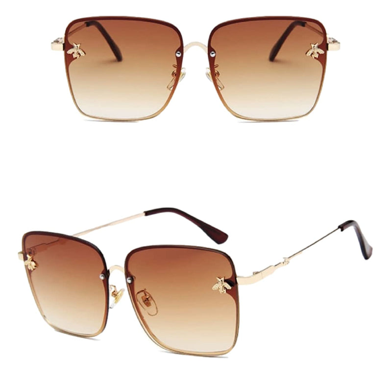 [Australia] - Tan Oversized Square Butterfly Sunglasses for Woman Rimless Gold Frame 