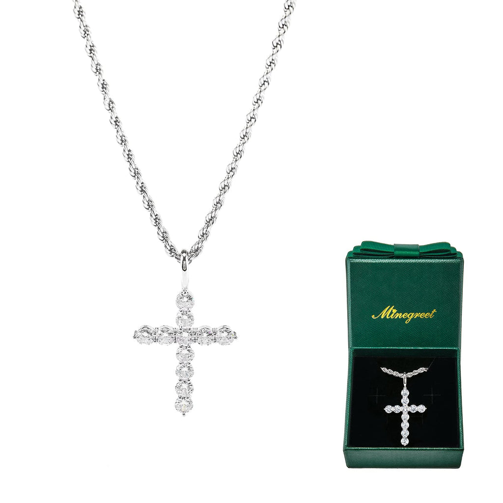 [Australia] - Minegreet Gold Plated Cubic Zirconia CZ Simulated Diamond Cross Crucifix Pendant Necklace Jewelry for Women man boys Girls, Nice Birthday Wedding Gifts Jewelry Box Silver 