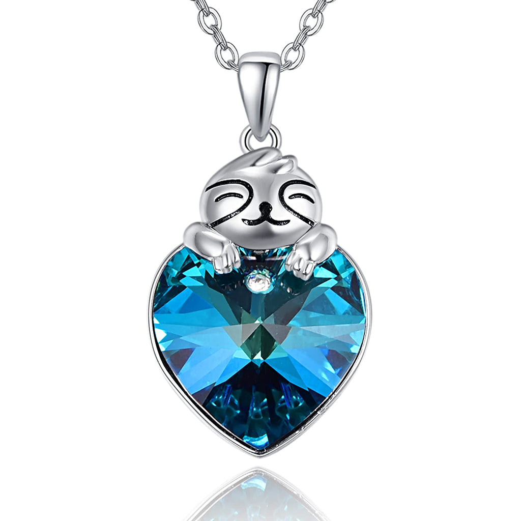 [Australia] - Sloth/Rose Flower Necklace 925 Sterling Sliver Blue Heart Crystal Cute Animal Sloth Pendant Birthday Gifts for women Girlfriend -18+2 Sliver Chain 