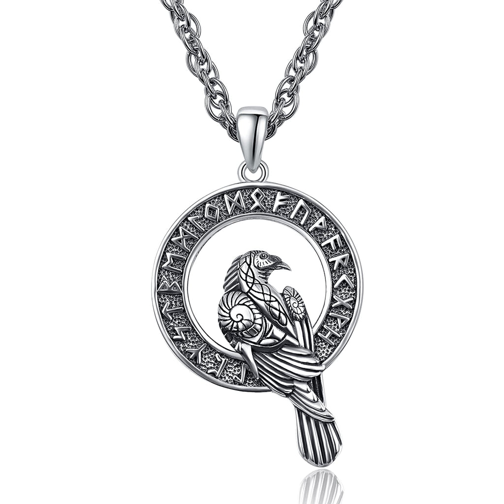 [Australia] - Viking Raven Necklace 925 Sterling Sliver Vegvisir Pendant Crow Odin Pendant Talisman Rune Amulet Nordic Viking Jewelry With Stainless Steel Chain55cm(20+2inch) 