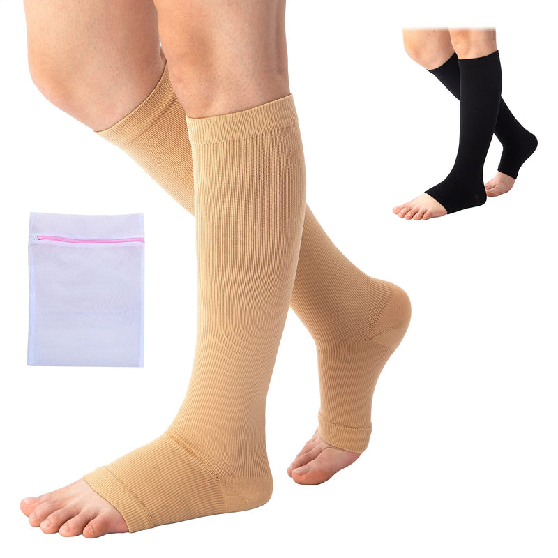 [Australia] - 360 RELIEF - Open Toe Medical Compression Socks for Nurses Support | Varicose Veins, Travel, Work, Flight, Edema, Pregnancy | S/M, Beige with Mesh Laundry Bag | S-M 