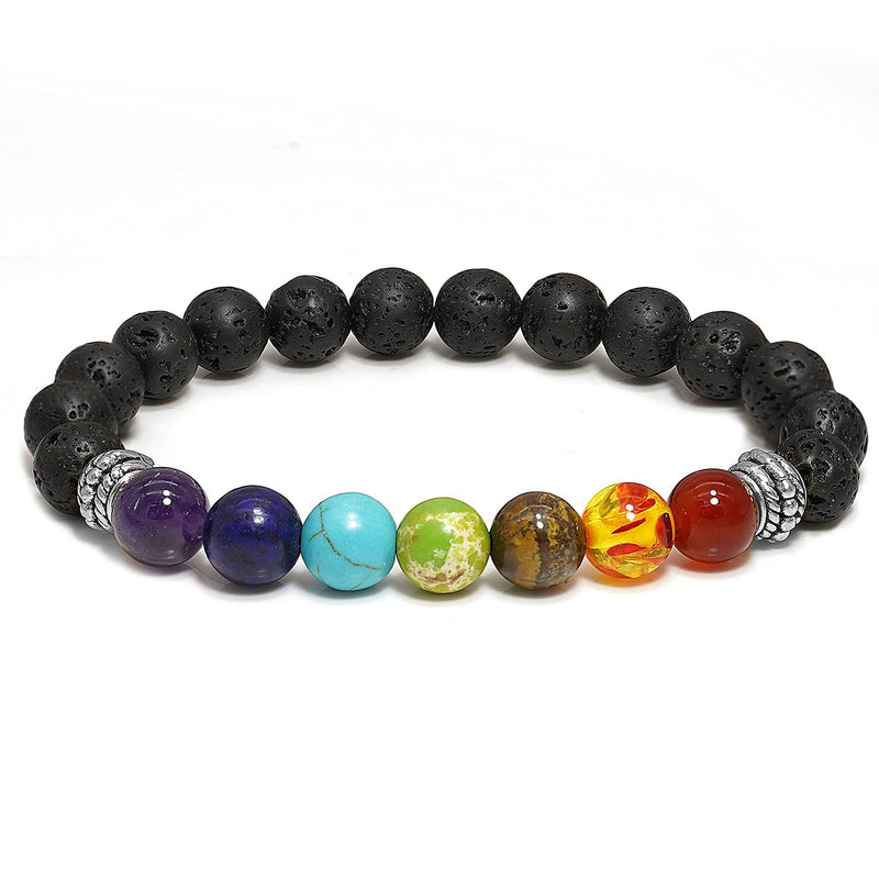 [Australia] - Chamqueen Yoga Beads Bracelet 7 Chakra Aromatherapy Essential Oil Diffuser Elastic Natural Volcanic Stone Bracelet for Women Men Silver 