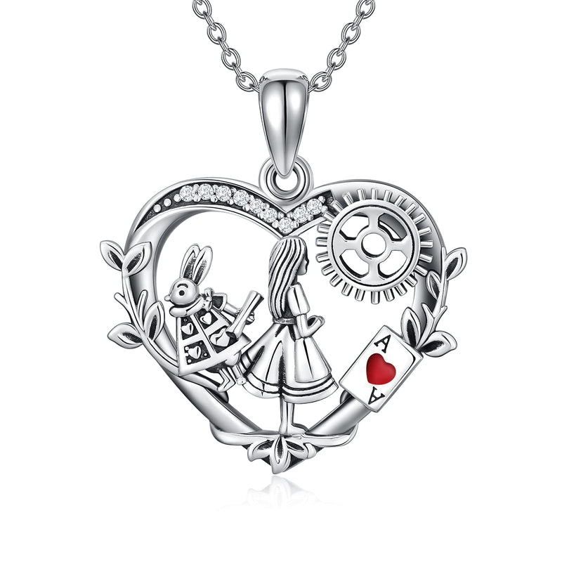 [Australia] - VENACOLY Alice in Wonderland Gifts Sterling Silver Alice Rabbit Heart Pendant Necklace With Ace of Hearts Playing Card Alice Jewellery Gifts for Women Girls 