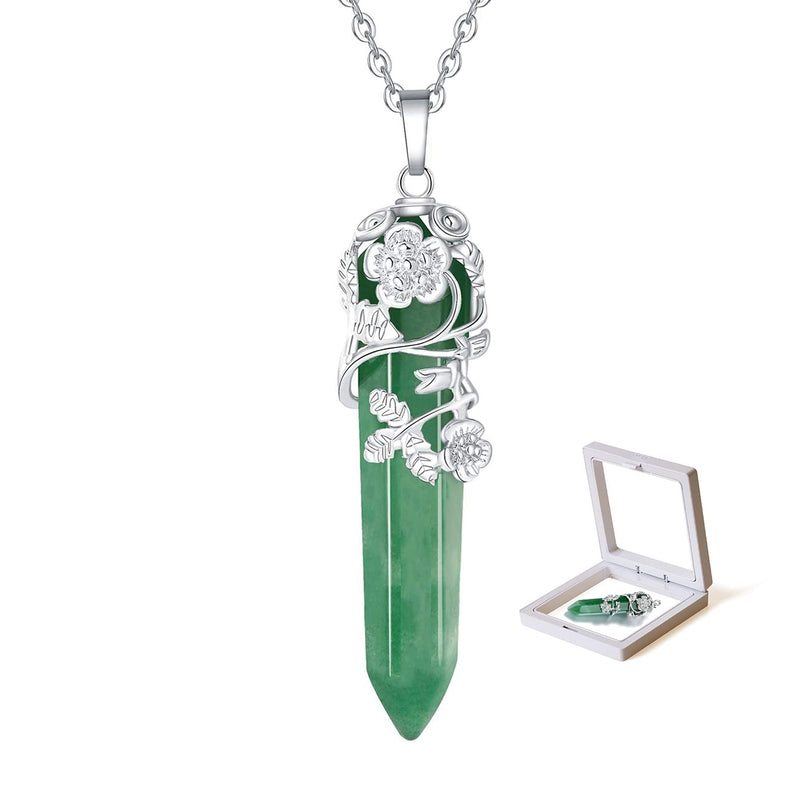 [Australia] - Green Aventurine Necklace, Natural Crystal Gemstone Point Necklace Silver Flower Wrapped Healing Stone Necklace Jewelry for Women Girls Energy Healing Balancing Relaxing With Jewellery Storage Case 